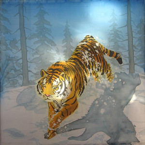 Schneetiger (Panthera tigris altaica), Seidenmalerei, 90 x 90 cm.